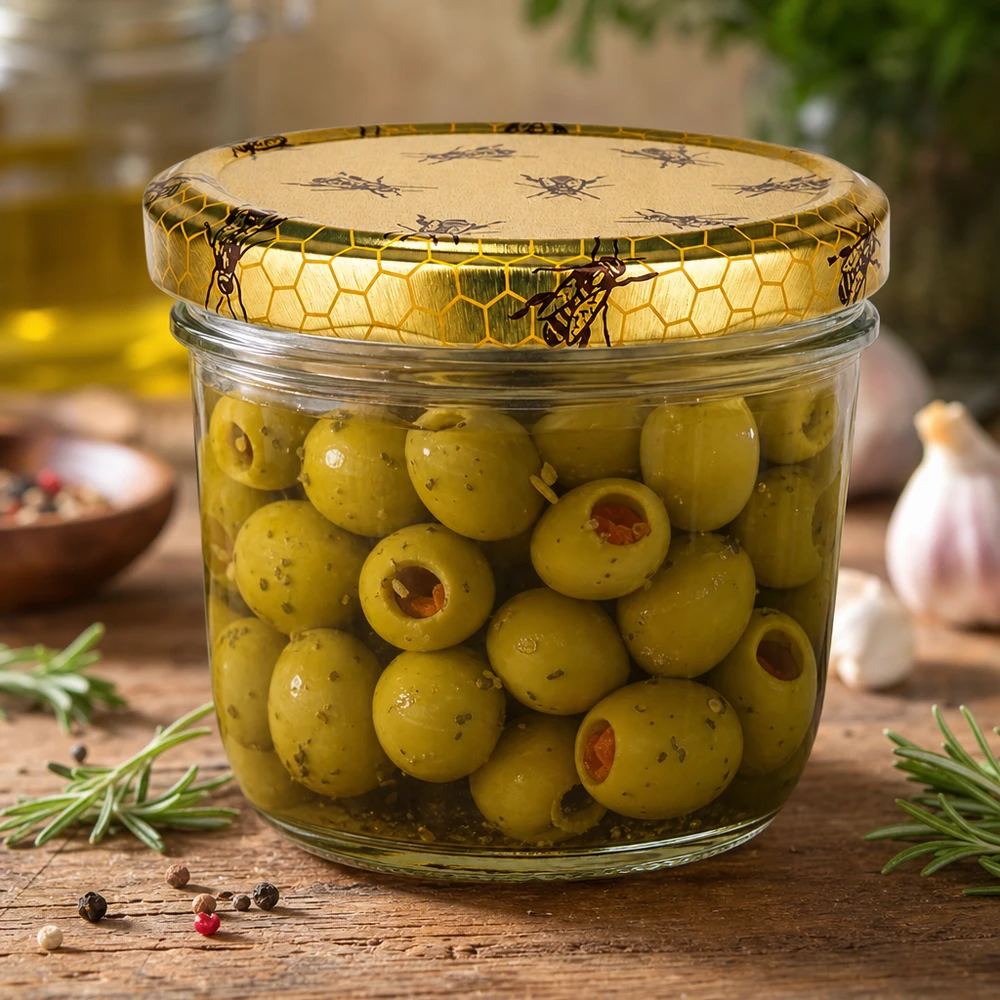 230ml bekers met BasicSeal deksel Honingraat UNiTWIST 230 ml glazen pot met honingraatdeksel gevuld met groene olijven als toepassingsvoorbeeld voor conservering