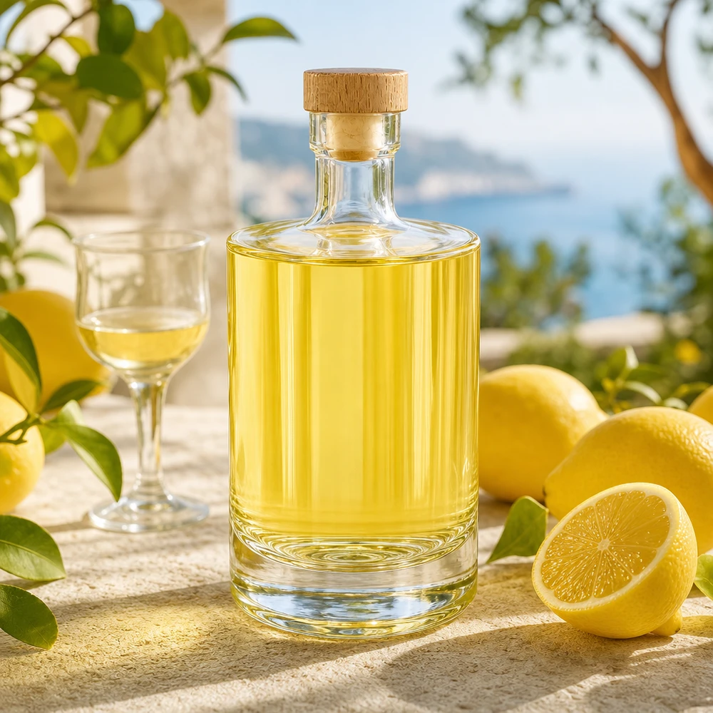 500 ml glazen fles 500ml Glasflasche "Marie" mit Holzgriff-Korken UNiTWIST met houten handgreep UNiTWIST® Glasflasche Marie befüllt mit gelbem Likör neben Zitronen - stilvolle Präsentation für Limoncello und Spirituosen