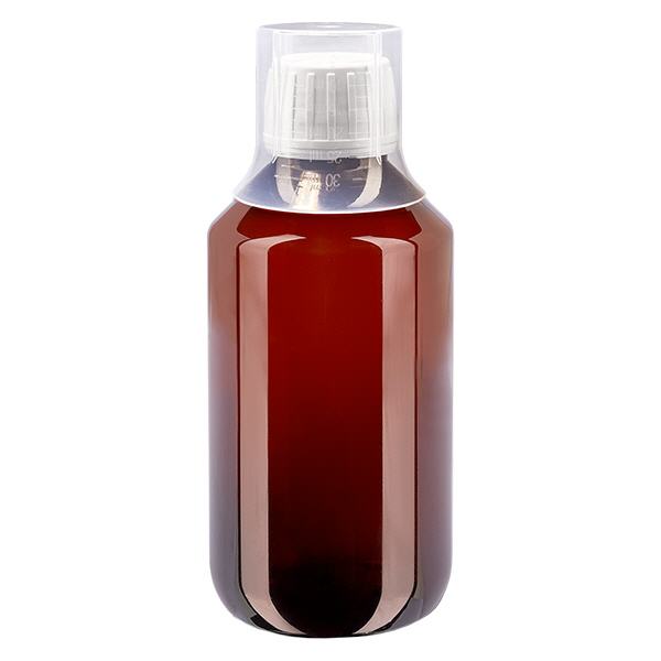 200ml PET medicijnfles - schroefsluiting VR wit - doseerbeker 30ml blank 200ml PET medicijnfles - schroefsluiting VR wit - doseerbeker 30ml blank