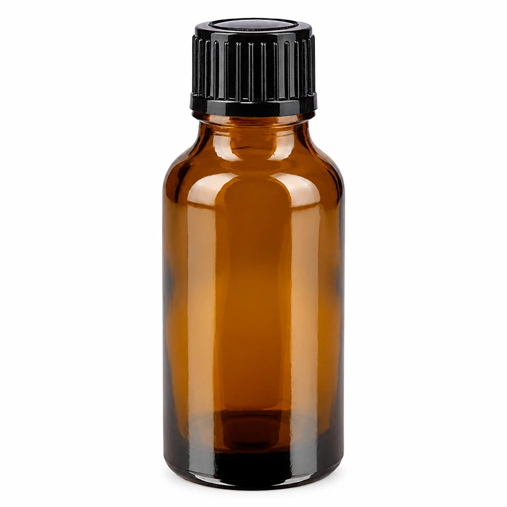 Lichtbeschermende fles van bruin glas, 20 ml, met zwarte dop voor gevoelige vloeistoffen