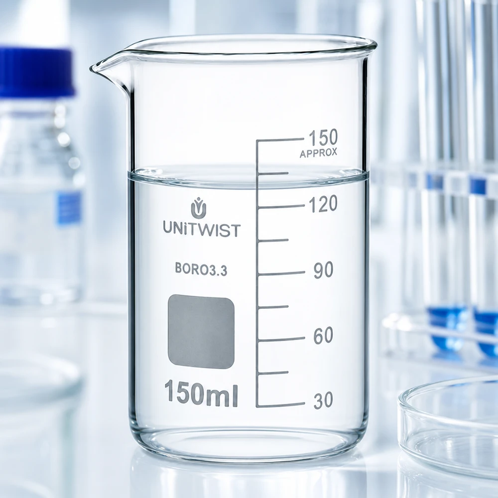 Chemieglas UNITWIST 150 ml, hoog model, borosilicaatglas 3.3, met grijs opschriftveld en schaalverdeling