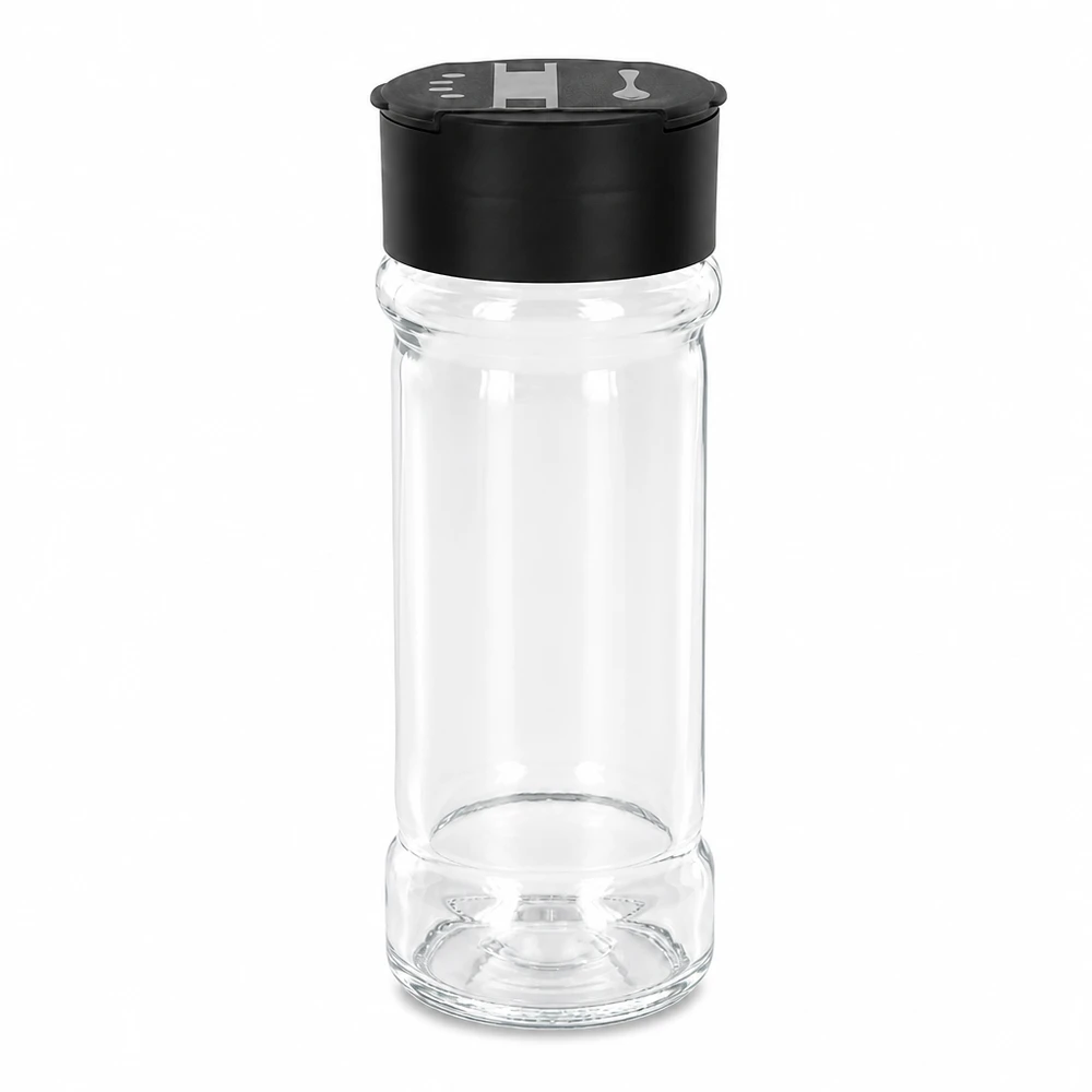 Zout-/kruidenpotje 100 ml met dubbele strooier, zwart Ronde, doorzichtige glazen pot van 100 ml met een zwarte schroefdop en een verstelbare strooiplaat