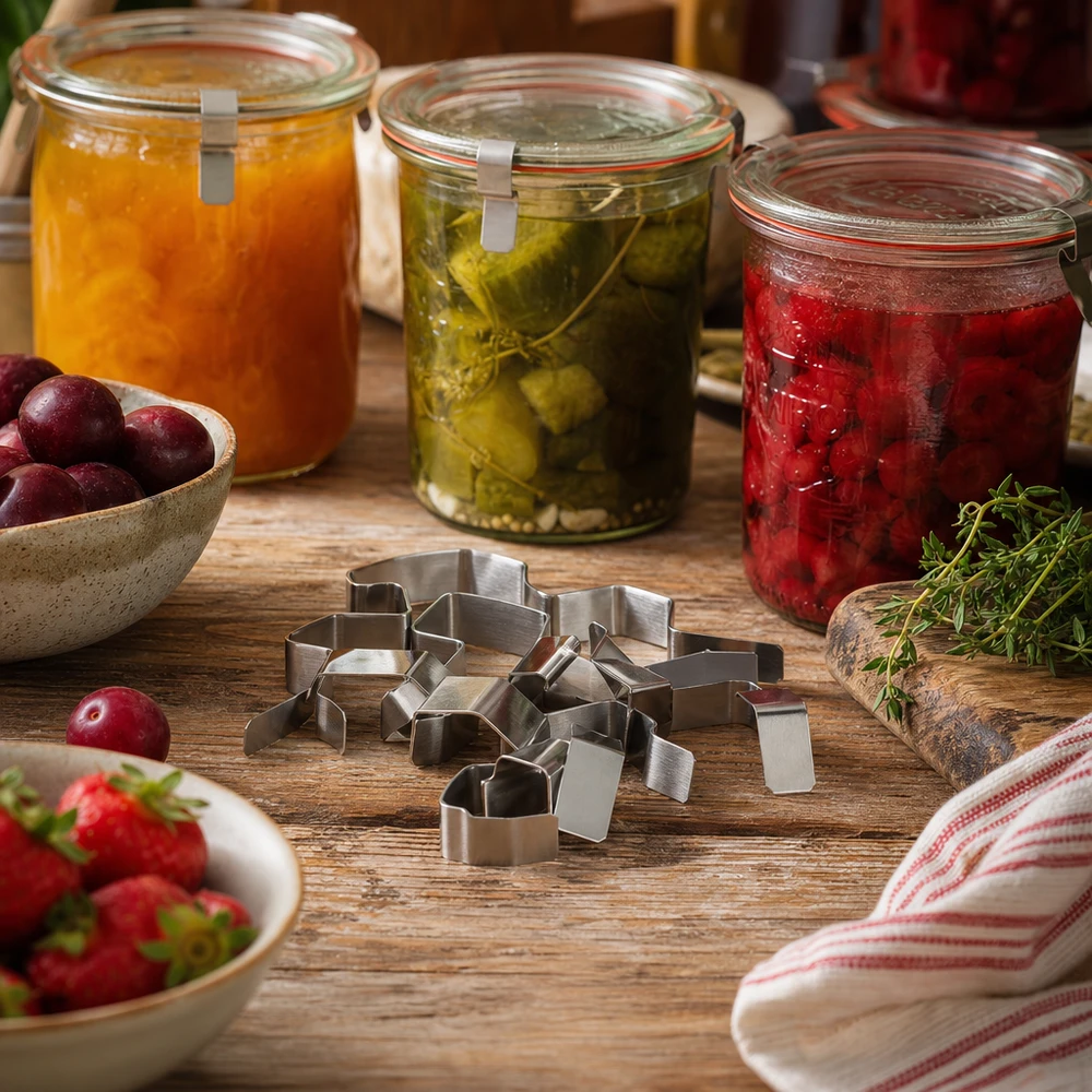 Weck Clip Roestvrijstalen inmaakklemmen in een keukenscène met potten ingemaakte jam, groenten en vers fruit