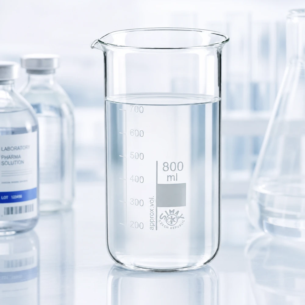 Becherglas van 800 ml, hoog model, van hittebestendig borosilicaatglas met een heldere waterige oplossing in een laboratoriumomgeving