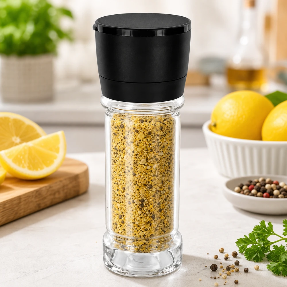 Zout-/kruidenpotje 100 ml met molen Vario zwart Kruidenpotje met citroenpeper 100 ml met zwarte Vario-molen, met verse citroenen