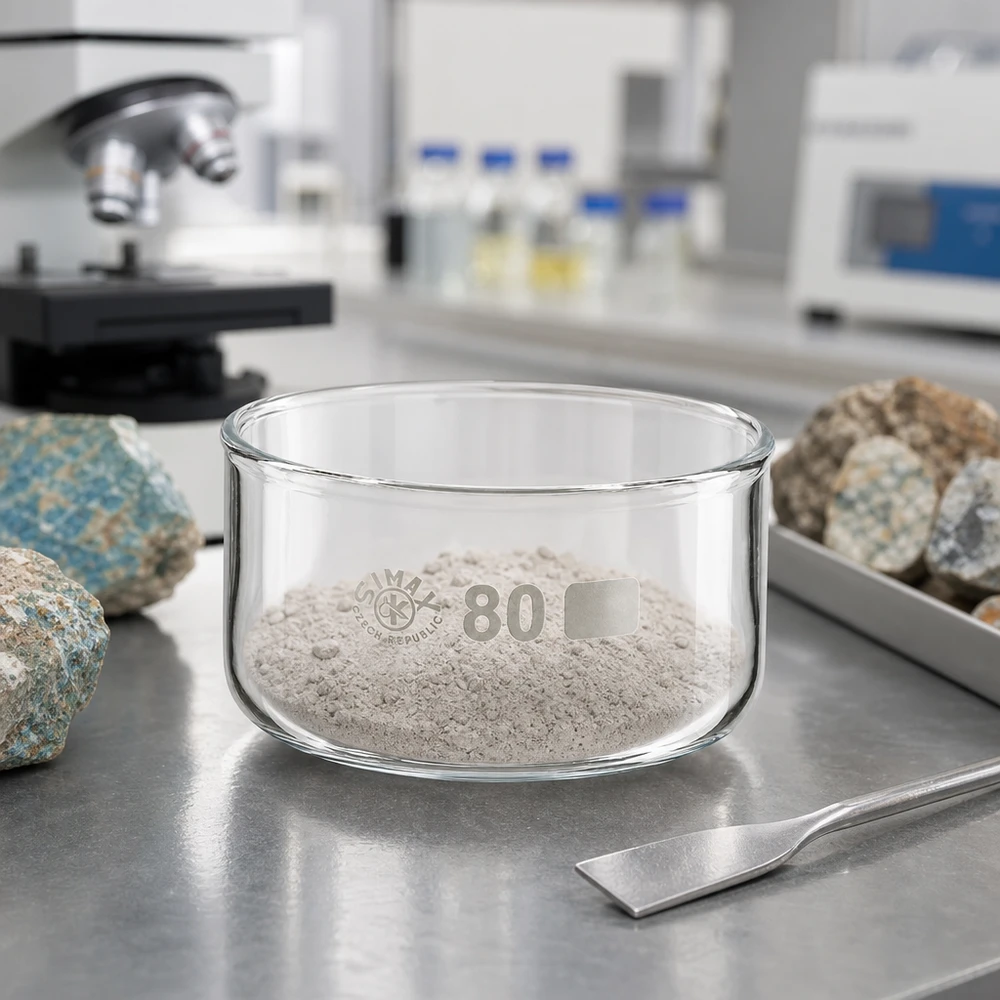 Laboratoriumschaal gevuld met fijn steenpoeder, omringd door mineraalmonsters en een spatel met een diameter van 80 mm