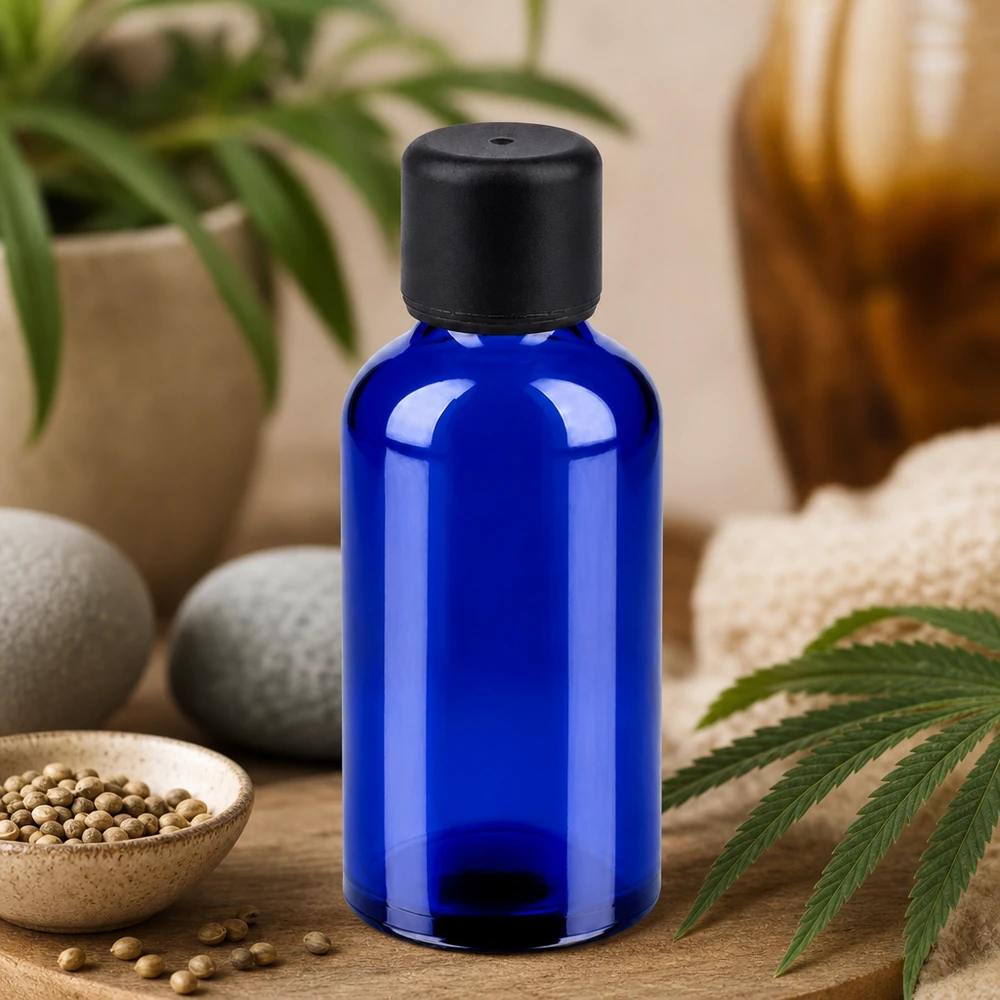 50ml fles 6mm SV zwart STD BlueLine UT18/50 50ml druppelflacon van blauw apothekersglas met UT18 dop voor nauwkeurig doseren