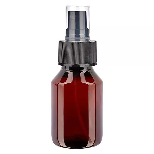 50 ml PET medicijnfles met verstuiver zwart GCMI 28/410 incl. dop transparant, standaard 50 ml PET medicijnfles met verstuiver zwart GCMI 28/410 incl. dop transparant, standaard