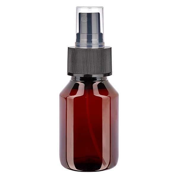 50 ml PET medicijnfles met verstuiver zwart GCMI 28/410 incl. dop transparant, standaard 50 ml PET medicijnfles met verstuiver zwart GCMI 28/410 incl. dop transparant, standaard