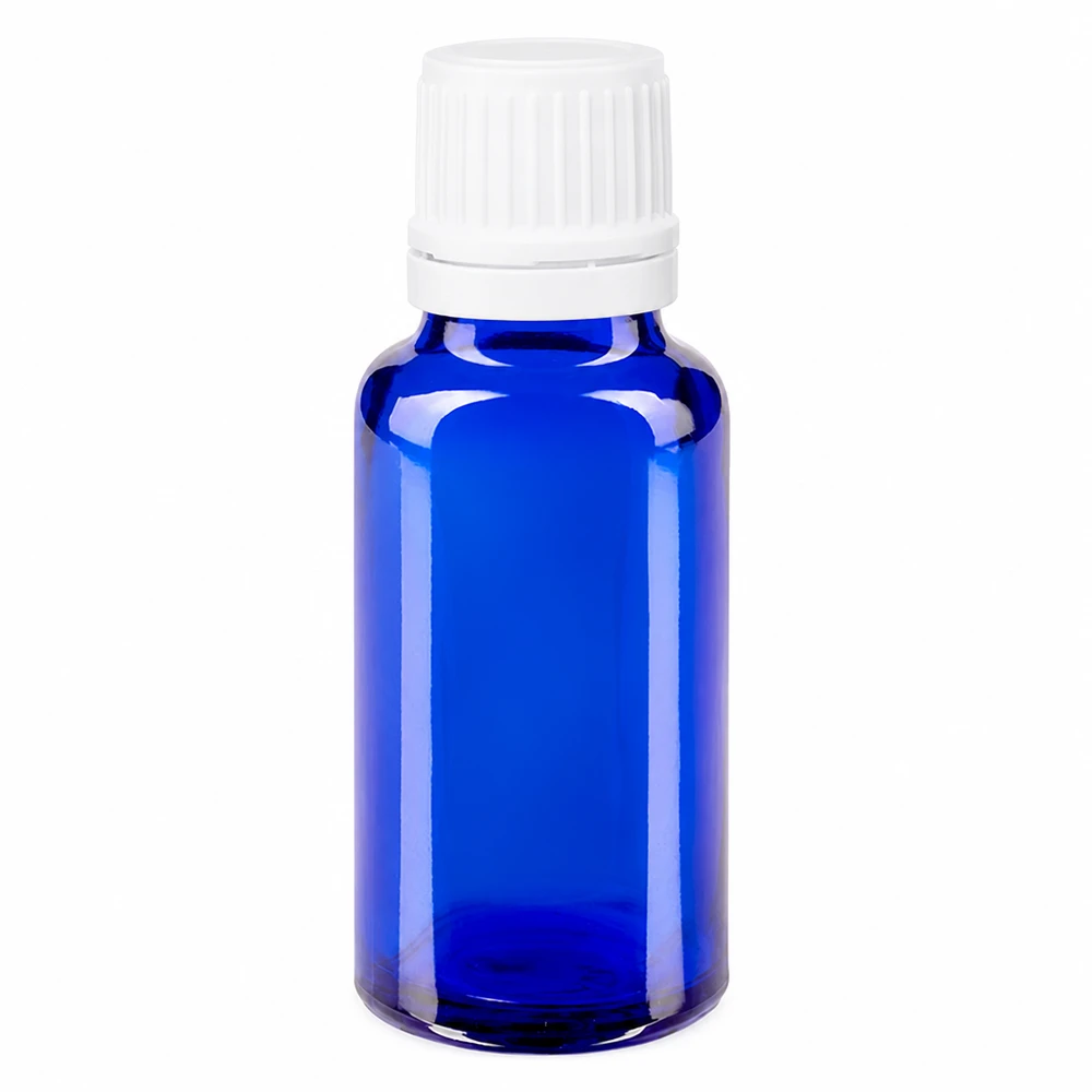 Ronde apothekersfles van 20 ml, kobaltblauw, borosilicaatglas, witte dop, farmaceutische kwaliteit