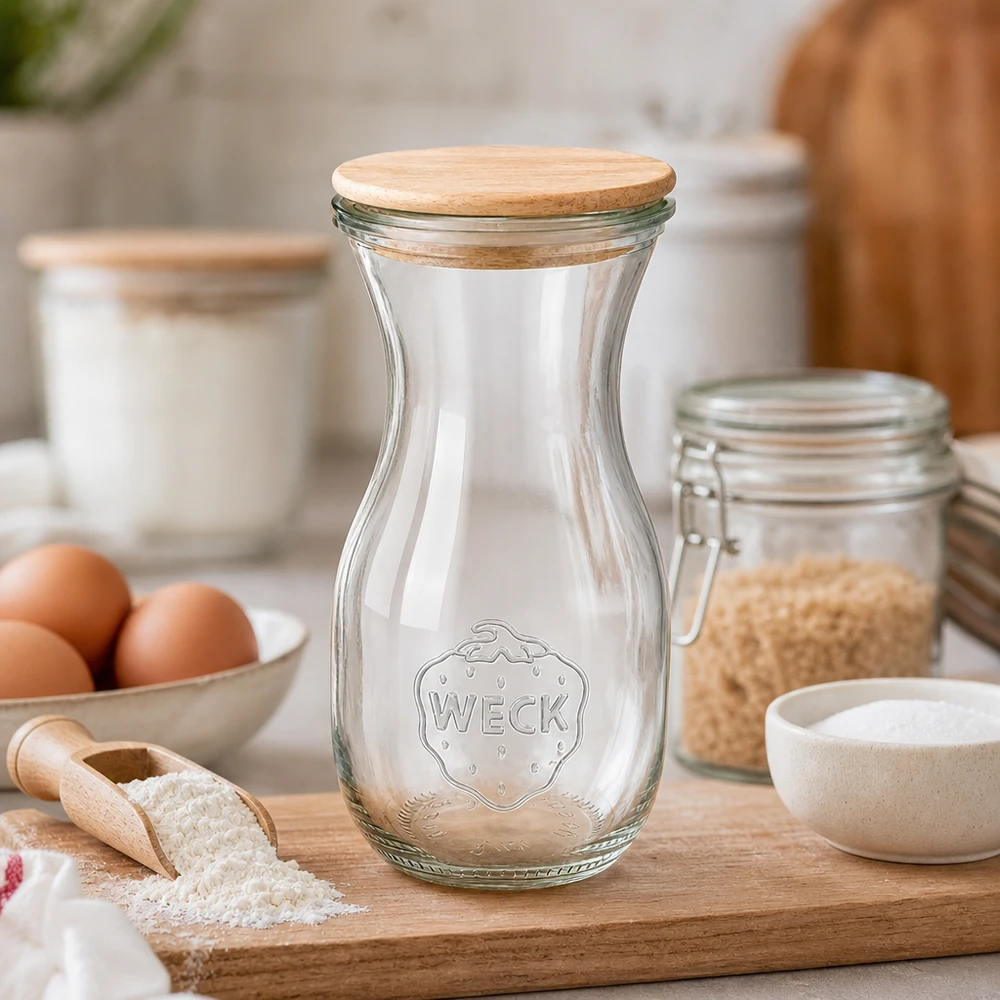 290ml sapflessen WECK RR60 met hout deksel WECK sapfles 290ml met houten deksel op keukenplank tussen bakingrediënten, bloem, eieren en voorraadpotten