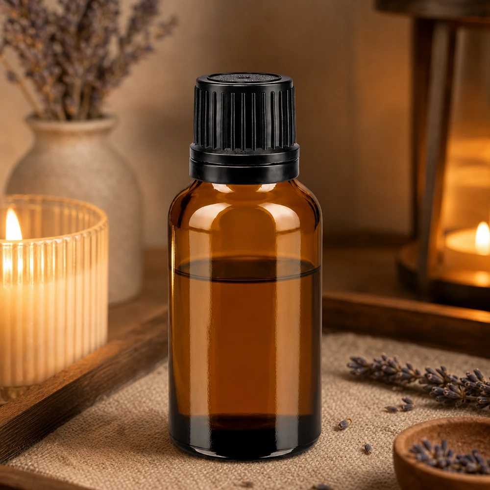 Compacte bruine glazen fles van 20 ml met zwarte schroefdop, 8 mm apothekersglas voor cosmetica