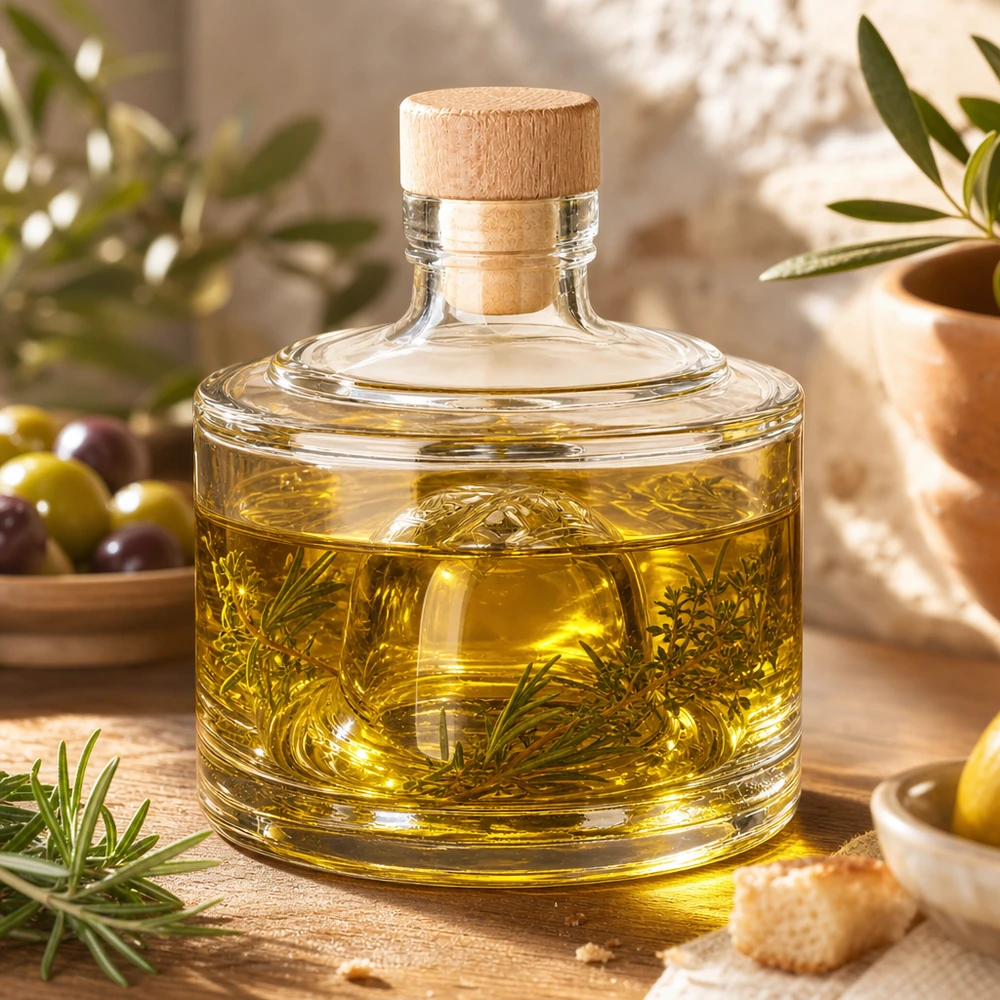 200 ml glazen fles Barbara met houten kurk met handvat UNiTWIST® 200ml Glasflasche Barbara mit Kräuteröl und Rosmarin-Zweigen stilvolle Küchenszene mediterrane Ölflasche Dekoration