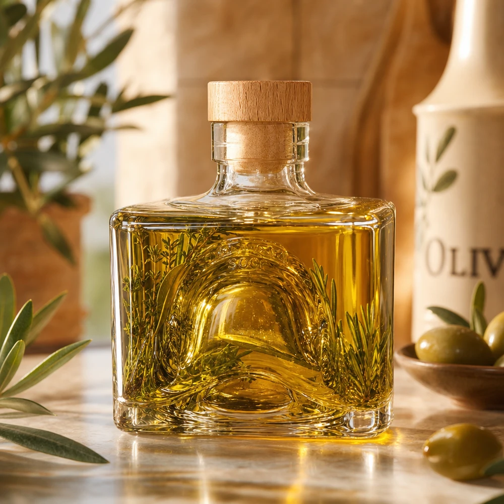 200 ml glazen fles Bob met houten kurk met handvat UNiTWIST® 200ml Glasflasche Bob mit Olivenöl befüllt, Holzkorken UNiTWIST, mediterrane Küchendeko mit Oliven und Olivenzweigen