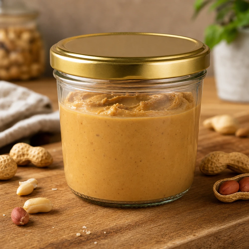 230ml mason jar met gouden BasicSeal deksel gevuld met pindakaas omringd door pinda's op een houten plank