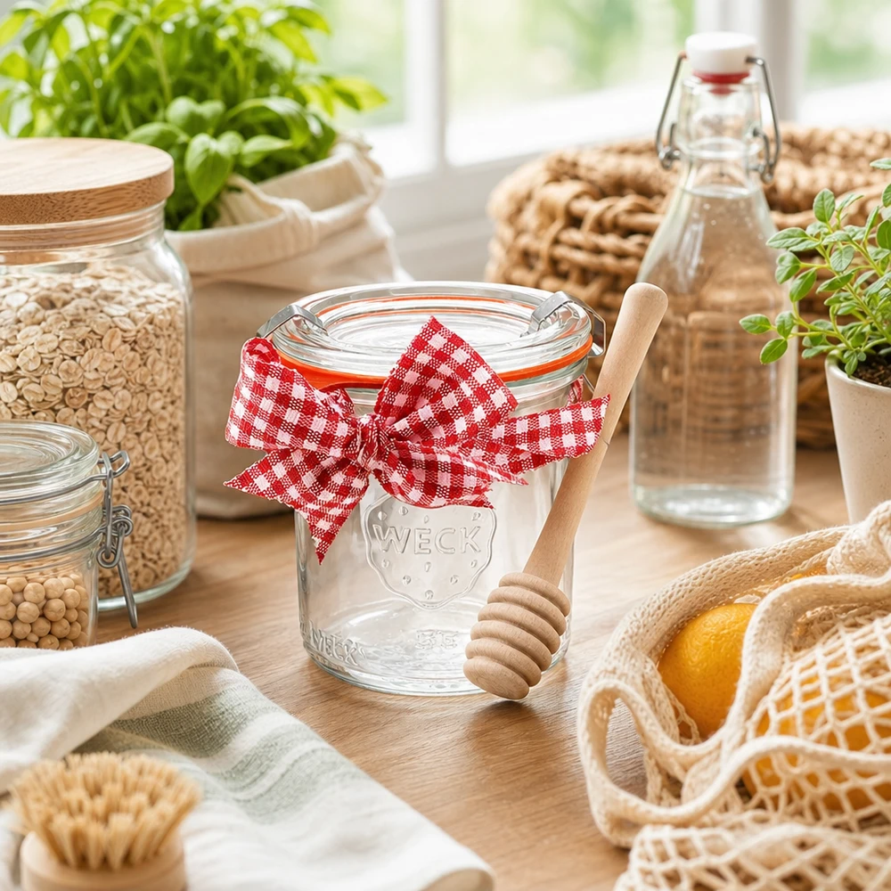 WECK mini tuimelaars 140ml complete set keukendecoratie duurzame opslag honing lepel hout kruiden voorraadpotten