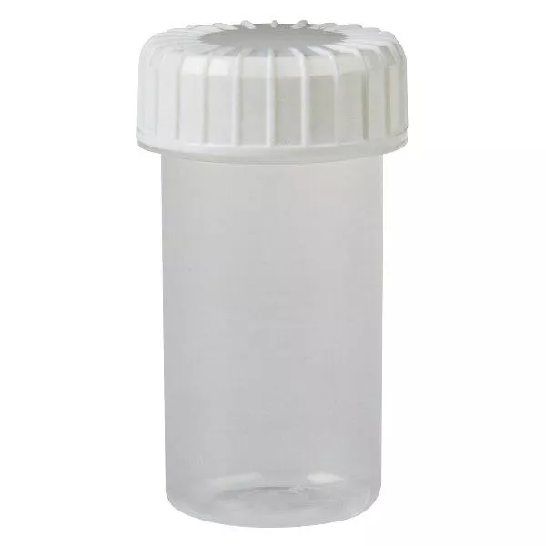 Kunststof pot 20ml transparant met geribbeld wit schroefdeksel van PE, type sluiting standaard