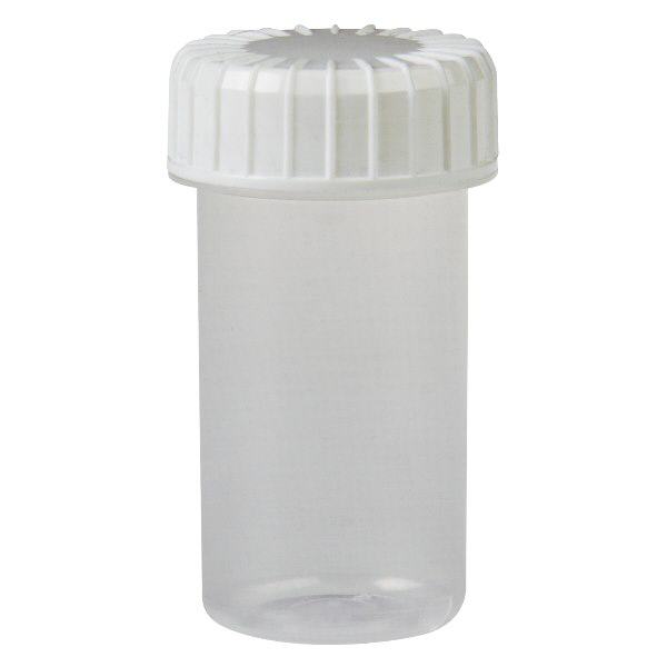 Kunststof pot 20ml transparant met geribbeld wit schroefdeksel van PE, type sluiting standaard Kunststof pot 20ml transparant met geribbeld wit schroefdeksel van PE, type sluiting standaard