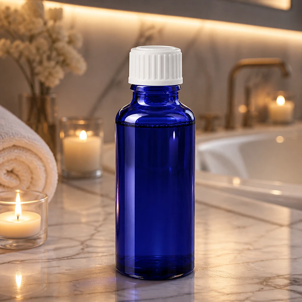 Kleine blauwe apothekersfles van 30 ml met kindveilige sluiting voor etherische oliën en serums