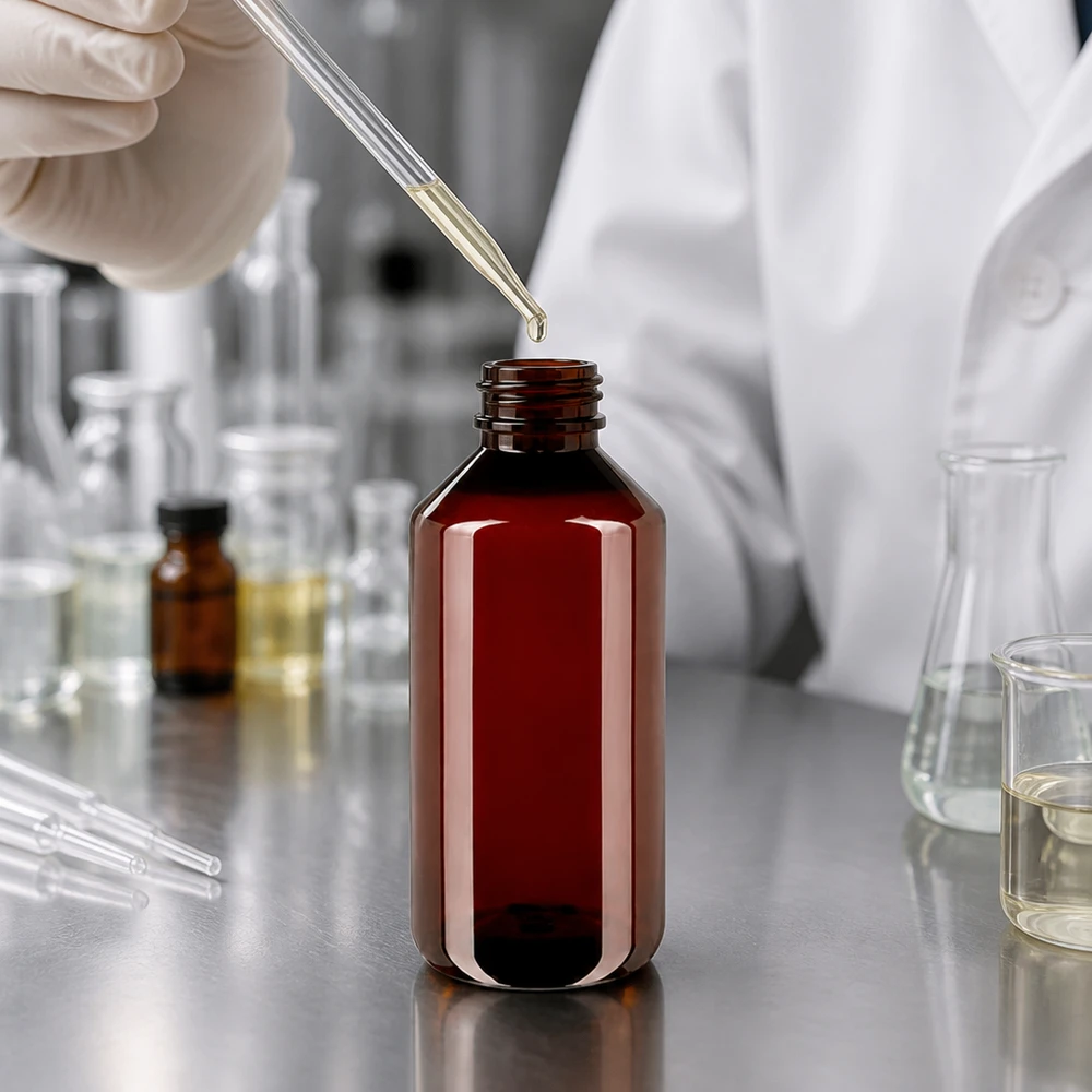 Stevige bruine PET-fles met brede hals van 1000 ml met witte klapdop voor laboratoriumtoepassingen