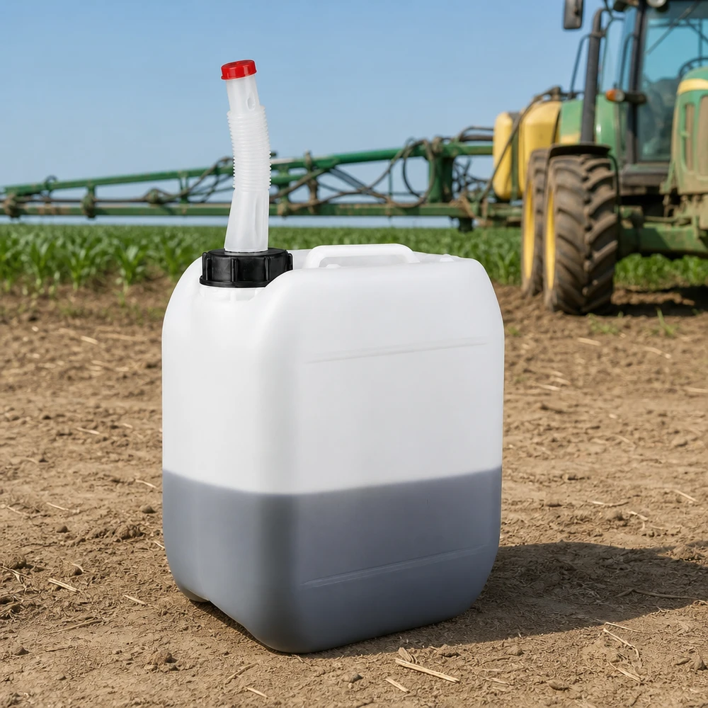 Rechthoekige landbouwjerrycan van 5 liter met flexibele slang tijdens gebruik op het maïsveld