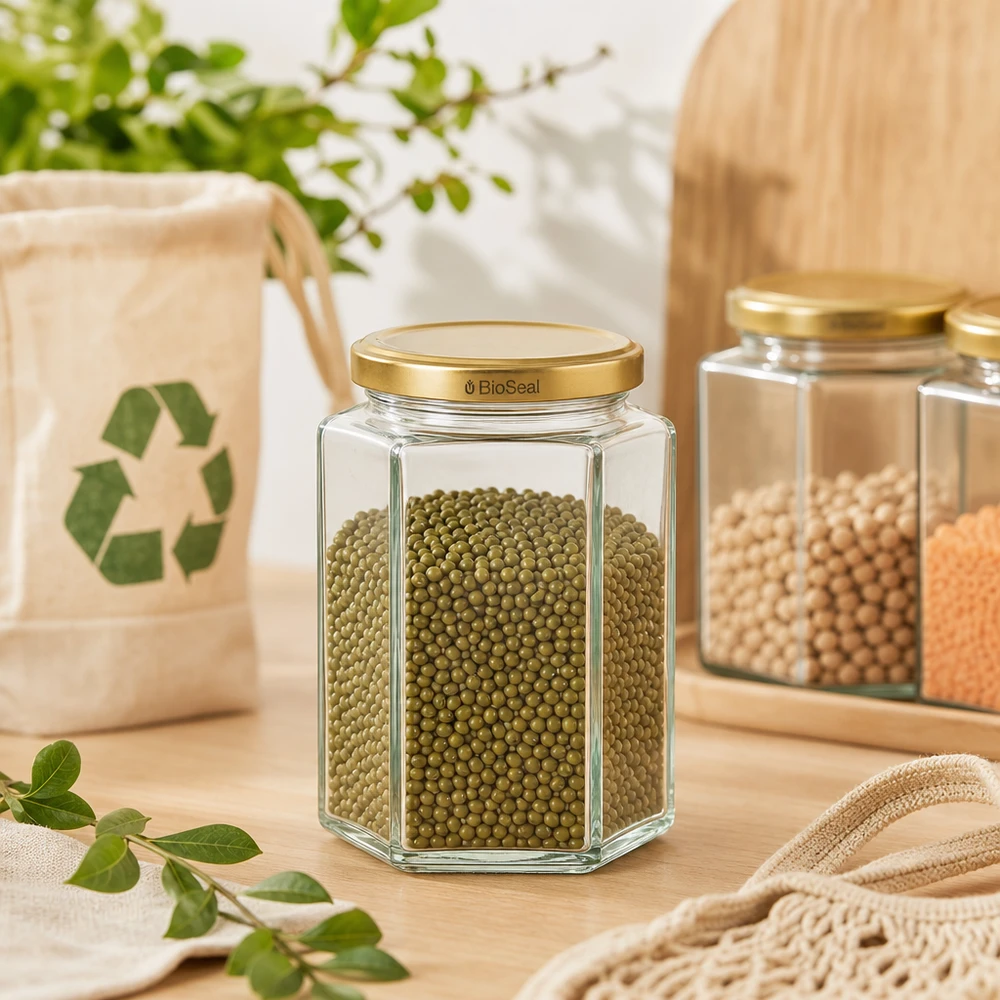 390ml hexaglas met BioSeal deksel goud UNiTWIST UNiTWIST Hexa390 voorraadpot met BioSeal deksel voor peulvruchten mungbonen in een duurzame keuken met recycling