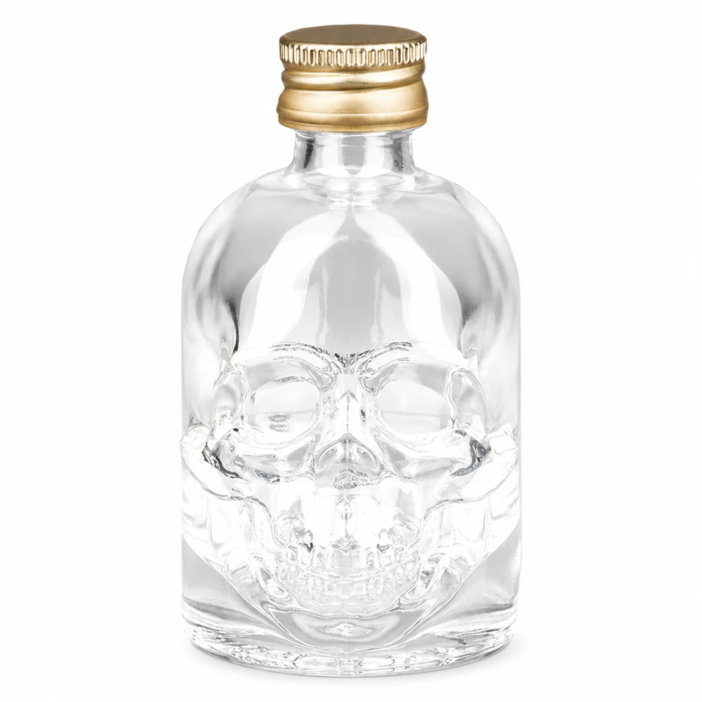 50ml Hector glazen fles met doodshoofdontwerp en gouden UNiTWIST schroefdop voor sterke dranken en dranken