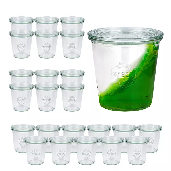 Set van 24 Weck bekers 290ml hoog, glazen deksels 1/5L Set van 24 Weck bekers 290ml hoog, glazen deksels 1/5L