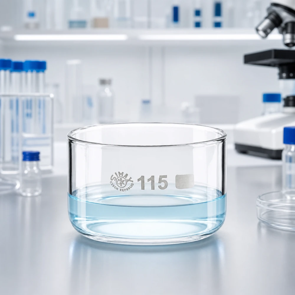 Kristalliseerschaal 500ml zonder schenktuit Lage ronde schaal van borosilicaatglas, 115 mm, zonder tuit, naast reageerbuisjes in het laboratorium