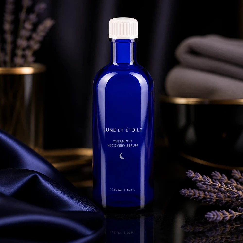 Blauwe apothekersfles met witte dop tussen lavendel en zwarte accessoires