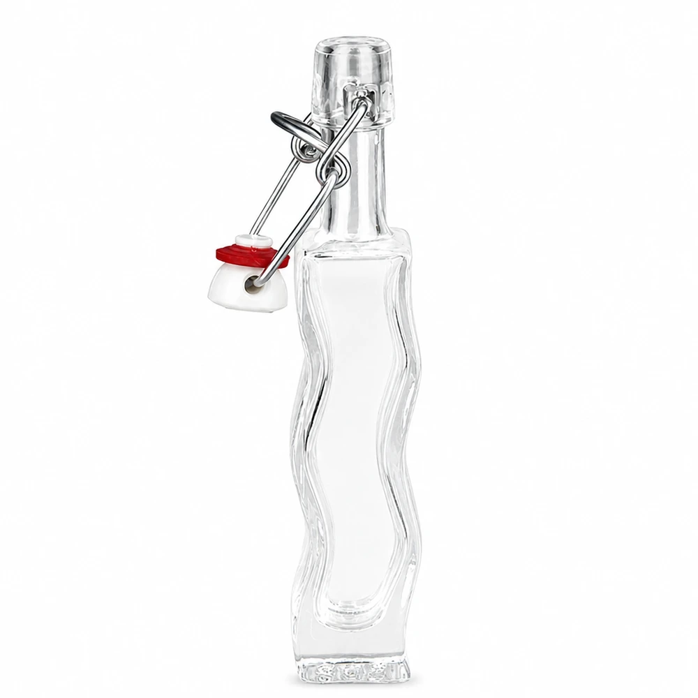 40 ml glazen Anna-fles met rode rubberen afdichting op de draaidop, gedetailleerd zijaanzicht van de gebogen vorm