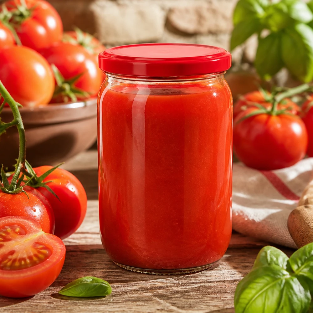555 ml rond glas + BasicSeal-deksel rood UNiTWIST Gevuld rond glas van 555 ml UNiTWIST met rode BasicSeal-deksel, ideaal voor het inmaken van tomatengerechten