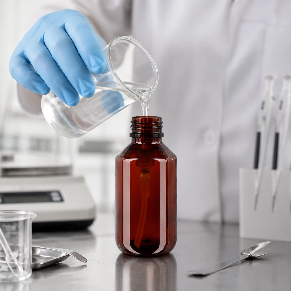 Het vullen van een bruine PET-fles van 100 ml met doseerpomp door een laboratoriumtechnicus die beschermende handschoenen draagt