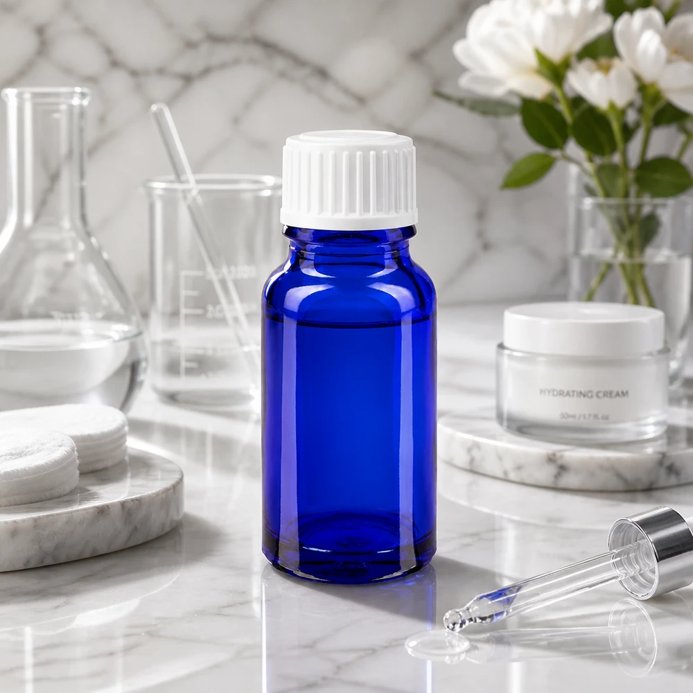 Blauwe glazen flessen 10ml, wit schroefsluiting met globuli uitgietring Lichtbestendige glazen fles van 10 ml in blauw voor cosmetica en geneeskunde
