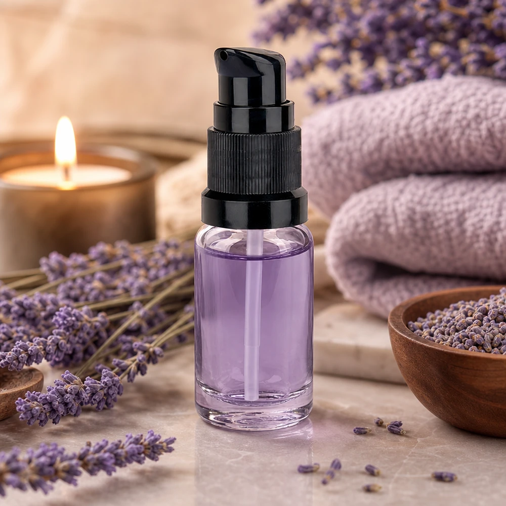 Compacte pompfles van 10 ml, model STD ClearLine UT18/10, met paars serum tussen lavendelbloemen