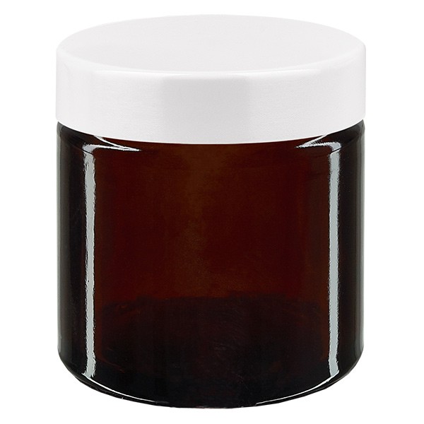 Glazen potje 60ml bruin, met wit bakelieten deksel Glazen potje 60ml bruin, met wit bakelieten deksel
