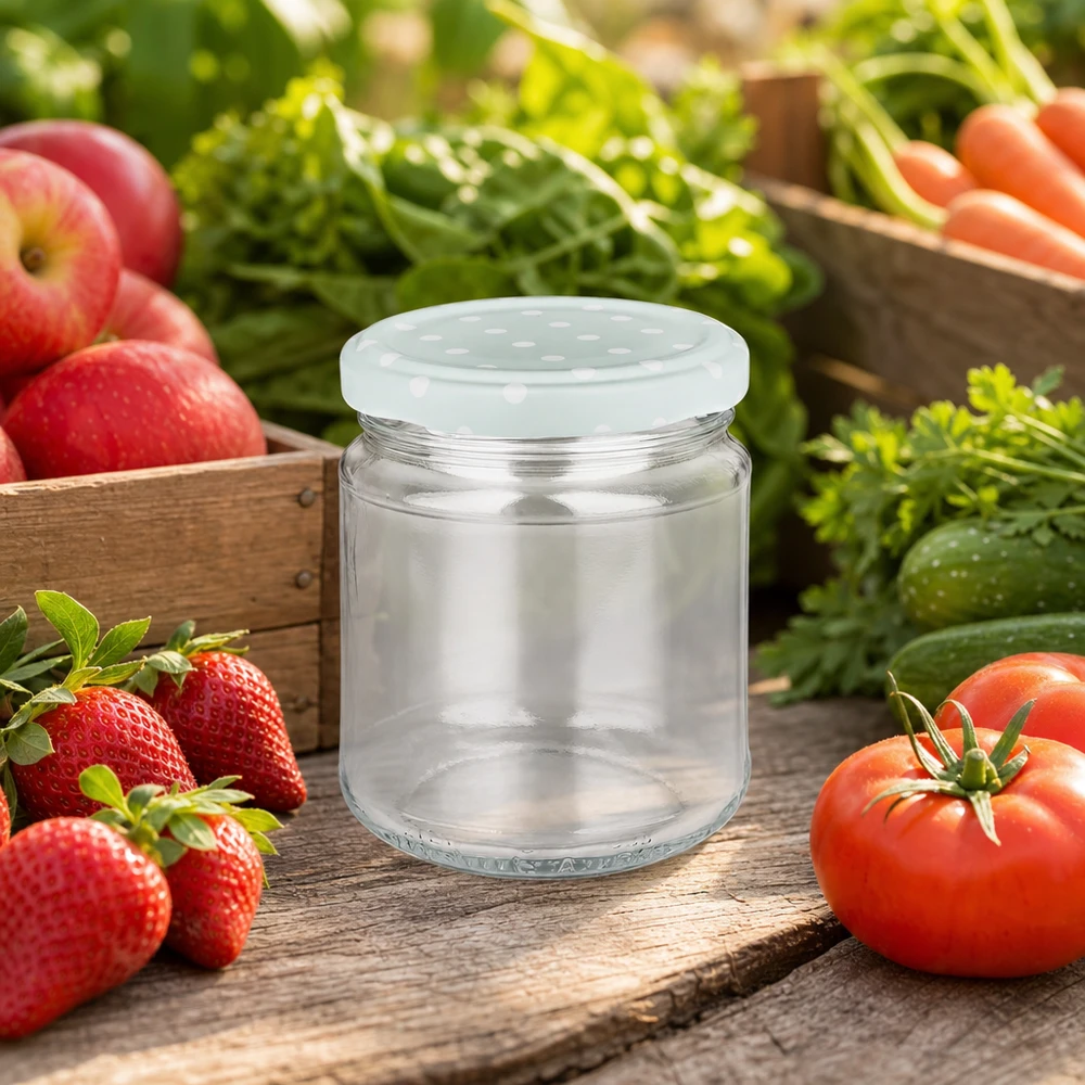 Ronde pot 212 ml + deksel BasicSeal mint stippen UNiTWIST 212ml ronde pot leeg met mint BasicSeal stippen deksel, voorraadpot tussen verse groenten en fruit in de tuin