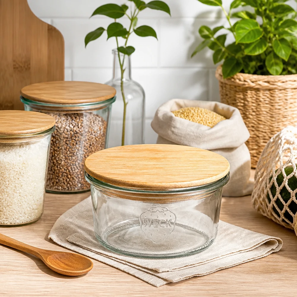 165ml stortglas WECK RR80 met hout deksel WECK RR80 165ml lege voorraadpot met bamboe deksel in duurzame zero-waste keuken met voorraadpotten