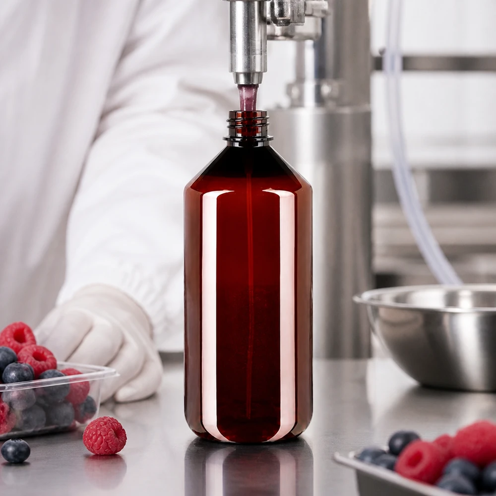 1000 ml PET medicijnfles met verstuiver wit GCMI 28/410 incl. dop transparant, standaard Een slanke bruine plastic fles van 1 liter wordt in een levensmiddelenbedrijf automatisch gevuld met bessenvloeistof