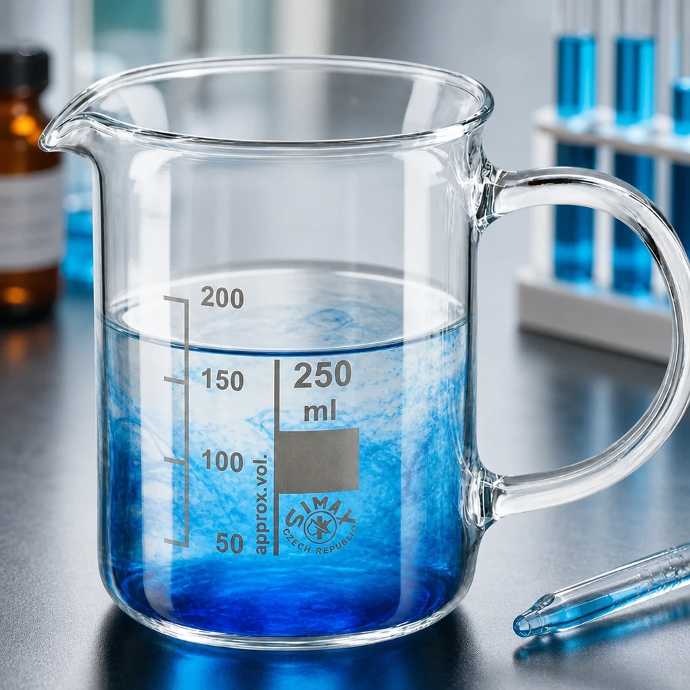 Simax-beker van glas, 250 ml, met handvat, vertoont blauwe kleurverspreiding in helder water