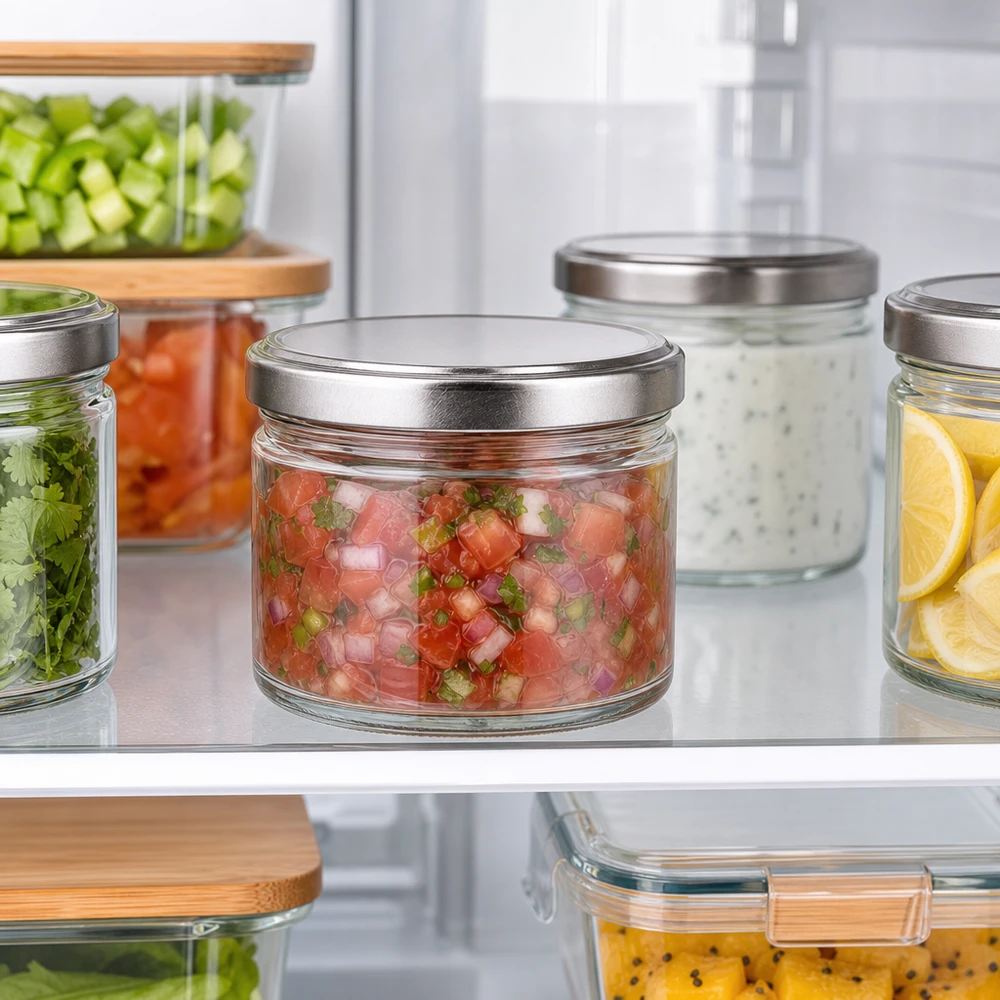 Ronde potten van 540 ml met zilveren deksels in de koelkast, maaltijdcontainers voor salsa en voorgesneden groenten