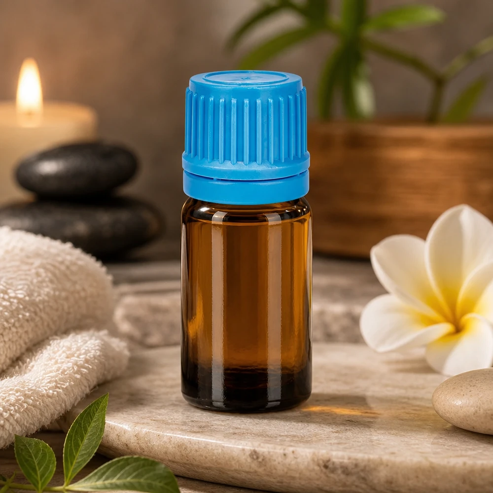Aromatherapie flesje 5ml bruin glas met blauwe dop voor wellness en ontspanning