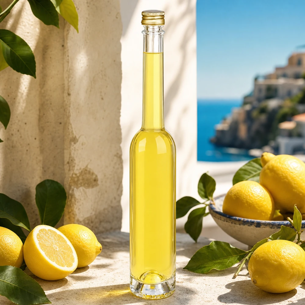 100ml glazen fles Toni gevuld met citroenlikeur - UNiTWIST gouden stop in een mediterrane setting met citroenen