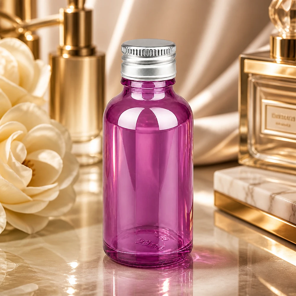 30ml fles 11mm aluminium-zilver schroefdop standaard PurpleLine.UT18/30 Elegant paars 30ml flesje met matte aluminium dop voor hoogwaardige cosmetische producten