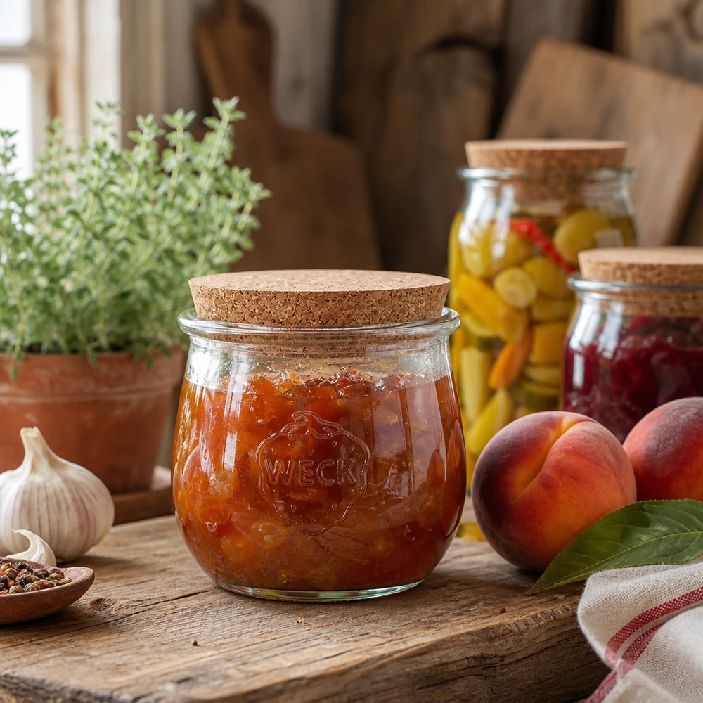 370ml tulpenglas WECK RR80 met kurk WECK inmaakpot 370ml met kurken deksel gevuld met jam in een rustieke keuken naast verse perziken