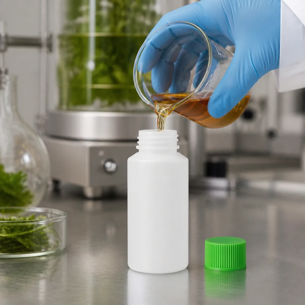 Voedselveilige HDPE-fles van 30 ml, wit en ondoorzichtig, met een groene schroefdop