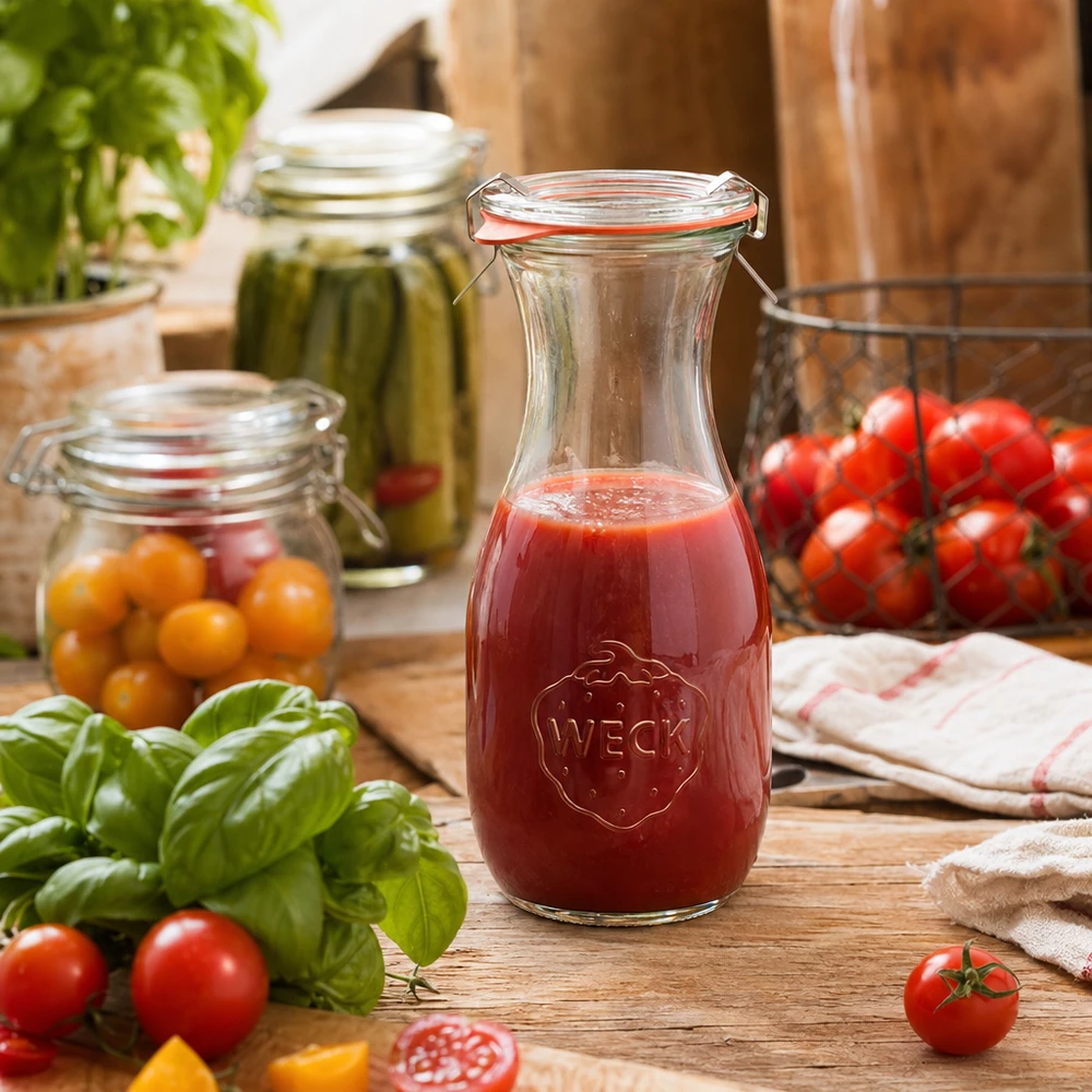 WECK sapfles 530ml met tomatensap op houten tafel omringd door verse tomaten en basilicum in keuken