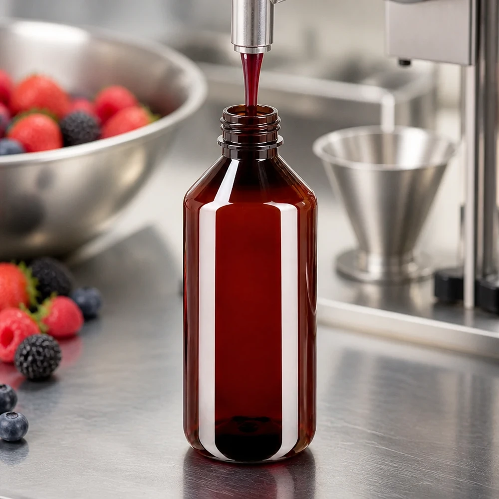 50 ml PET medicijnfles met verstuiver zwart GCMI 28/410 incl. dop transparant, standaard Het automatisch vullen van een bruine PET-fles van 1000 ml met bessensap tijdens de productie
