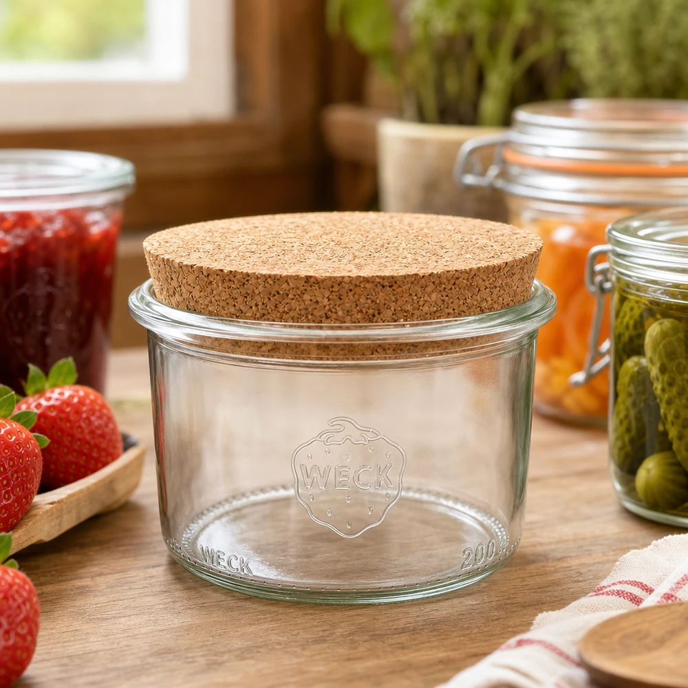 WECK inmaakpot 200ml RR80 met kurkdeksel in een rustieke keuken naast jam en ingemaakte augurken