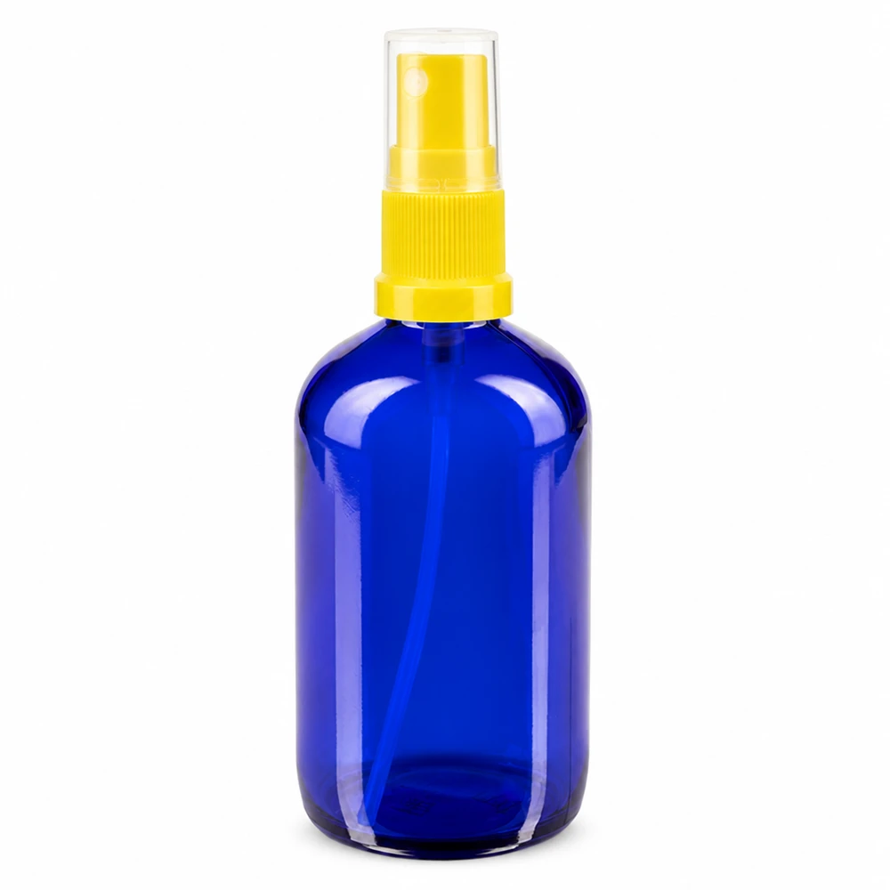 Ronde apothekersspuitfles van 100 ml, gemaakt van blauw veiligheidsglas met een gele verstuiver